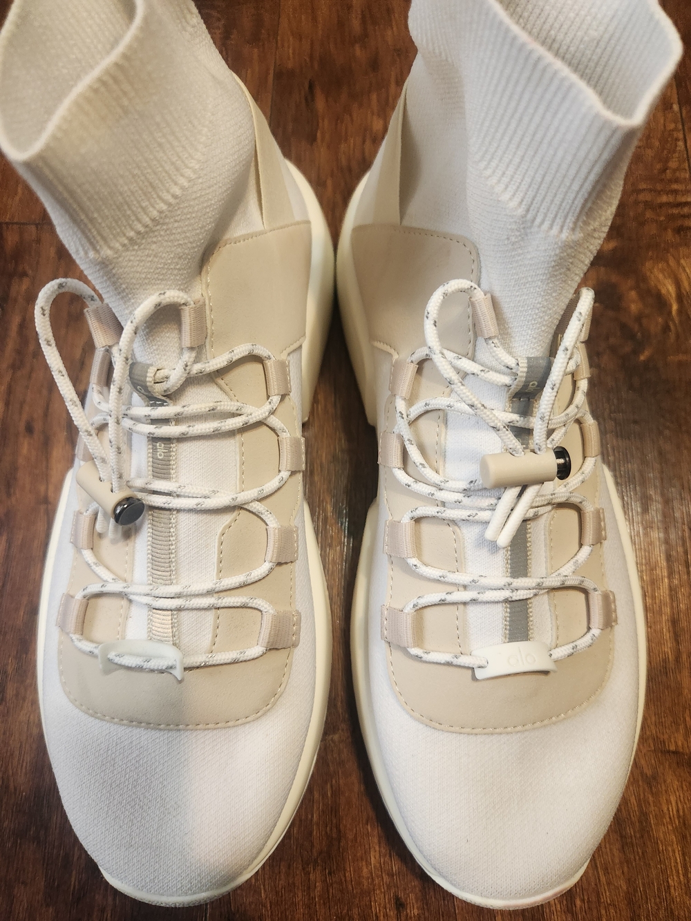 Alo Yoga Wander Cream and White High Top Knit Sock Sneakers